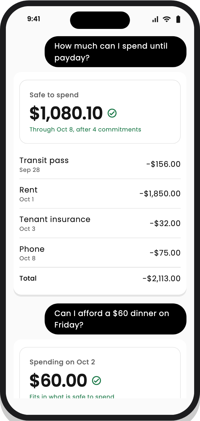 BudgetGen on an iPhone. Asked how much can I spend until payday, it answers $1,080.10, listing the transit pass, rent, insurance and phone bills coming up first. Asked whether a $60 dinner on Friday is affordable, it says it fits in what is safe to spend.